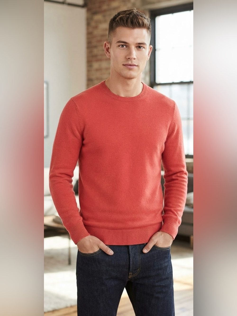 J. Crew Men’s Medium Cashmere Cotton Blend Slim Fit Orange Pullover Sweater